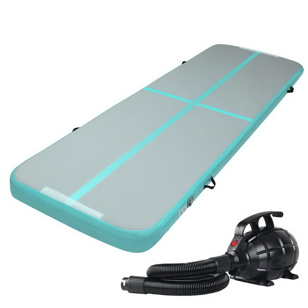 Everfit GoFun 3X1M Inflatable Air Track Mat with Electric Pump, showcasing its durable fabric and vibrant mint and grey colors.